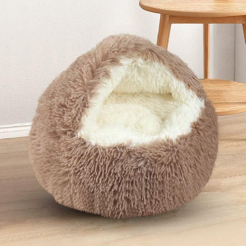 Winter Thermal Shell Cat Bed Soft Plush Shell-Shaped Semi-Enclosed Sleeping Nest for Small Dogs Kitten Pet Bed Comfortable Warm