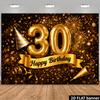 30e Verjaardagsfeest Banner Achtergrond, Zwart Goud Luxe Cijfer Ballon Feestmuts Trompet Vuurwerk, Polyester, Fotowand Decoratie