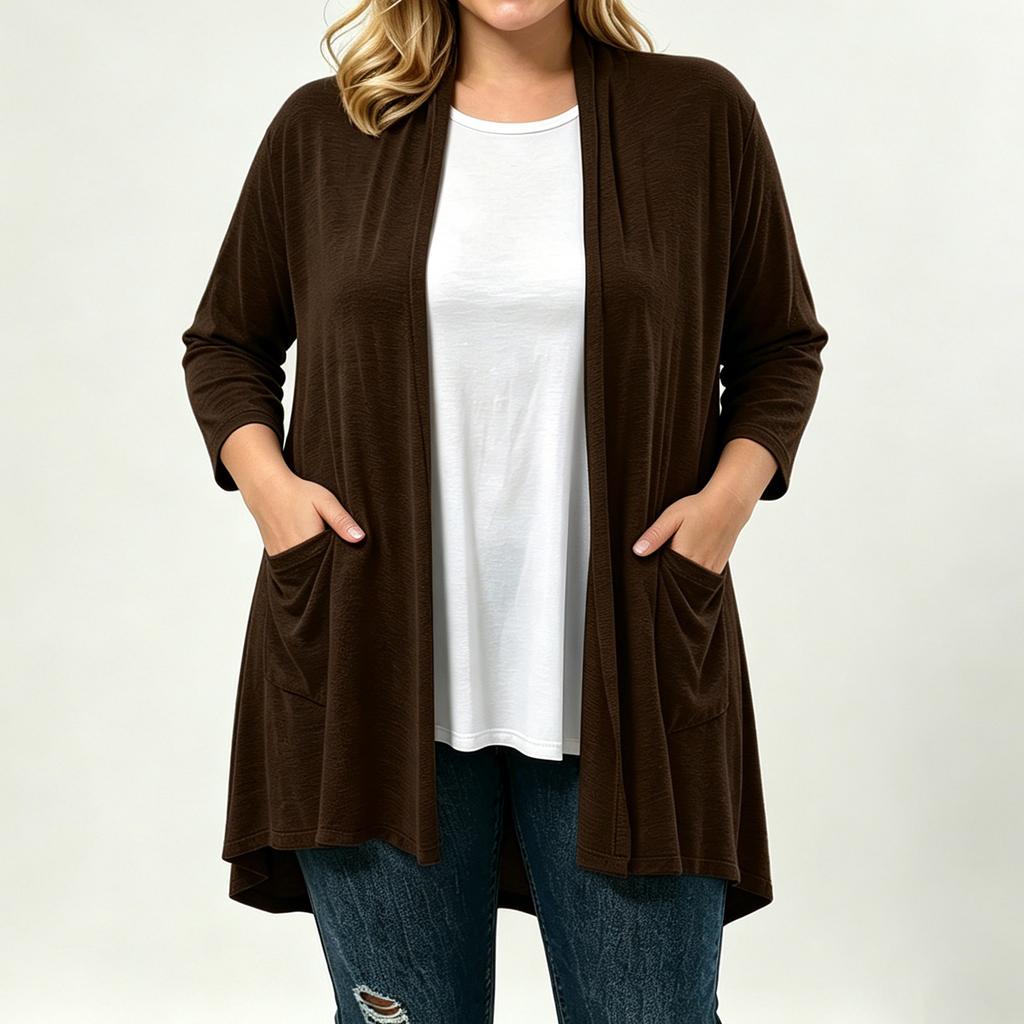 Women's Plus Size Soft Three-Quarter Sleeve Cardigan with Pockets
