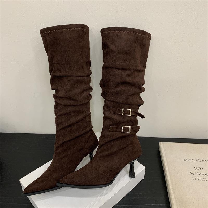 Rich Long Boots Retro Pointed Belt Buckle High Heel Wrinkled Long Boots Women's Autumn and Winter Suede Cowboy Stacking Boots