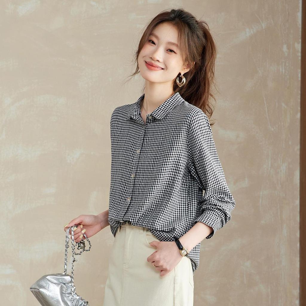 Vintage Damska Bawełniana Koszula w Kratę z Długim Rękawem - Wiosenno-Jesienny Casualowy Top do Warstwowania