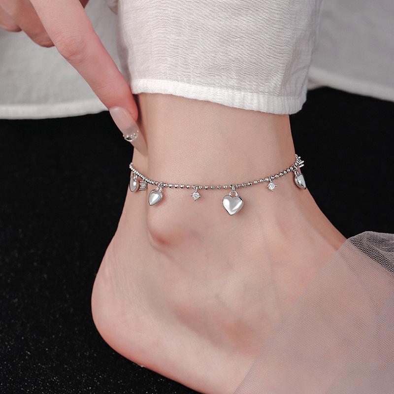 925 Silve Love Heart Anklet for Women Zircon Bead Chain Tassels Sweet Adjustable Jewelry Gift