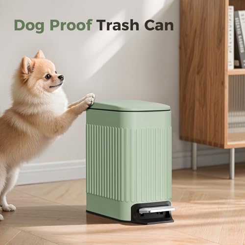 6-liter narrow stainless steel foot-pedal trash can with soft-close lid and removable inner liner, suitable for bathrooms, offices, and bedrooms—gree