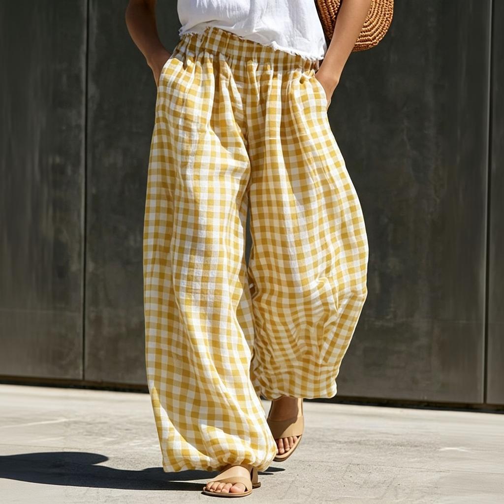 Women's Trendy High Waisted Plaid Pants with Elastic Waistband and Pockets for Casual Daily Wear