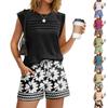 Women's Casual Fashion Crewneck Pleated Vintage Floral Print Shorts Set