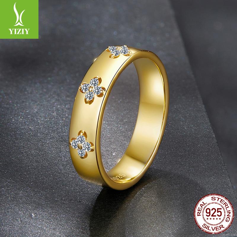 925 Sterling Silver Gold Plated Mozzarella Diamond Ring Wedding Ring, Popular Lucky Clover Ring