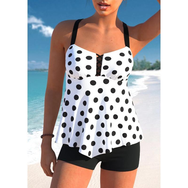New High-quality Summer Ladies Double Straps Swimsuit Versatile Black and White Spots Printed Tankini Shorts Two-piece Set S-6XL
