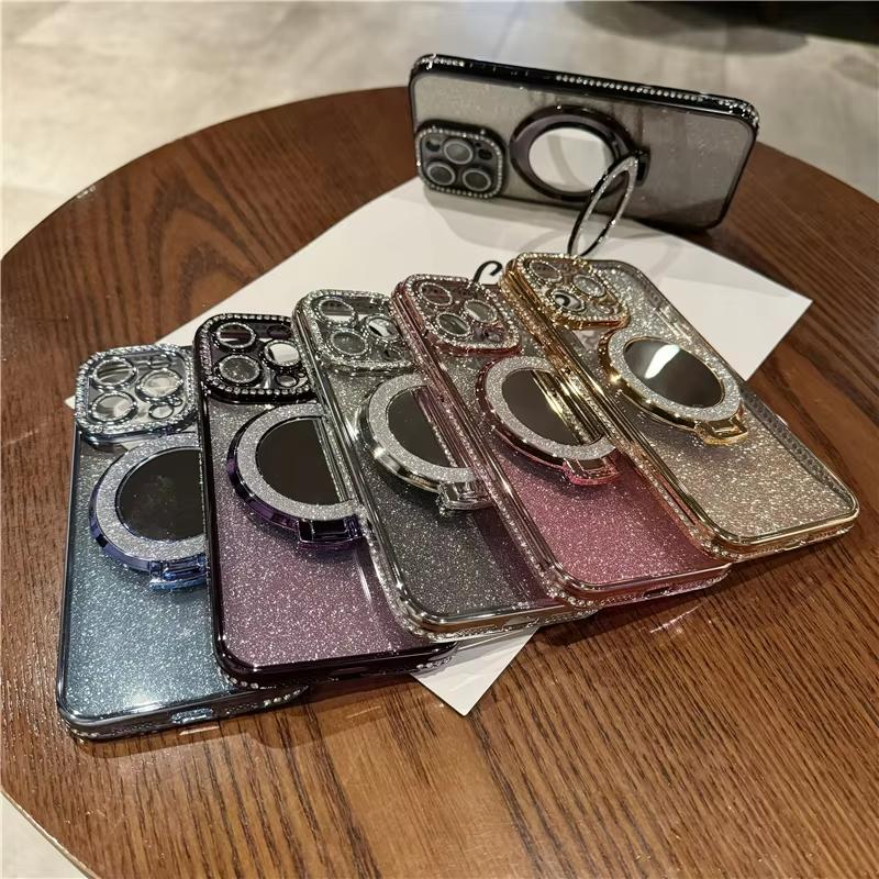 Luxury Diamond Clear Glitter Magnetic Case for iPhone 16 15 14 13 12 11 Pro Max Plus With Mirror Phone Holder Stand Soft Cover