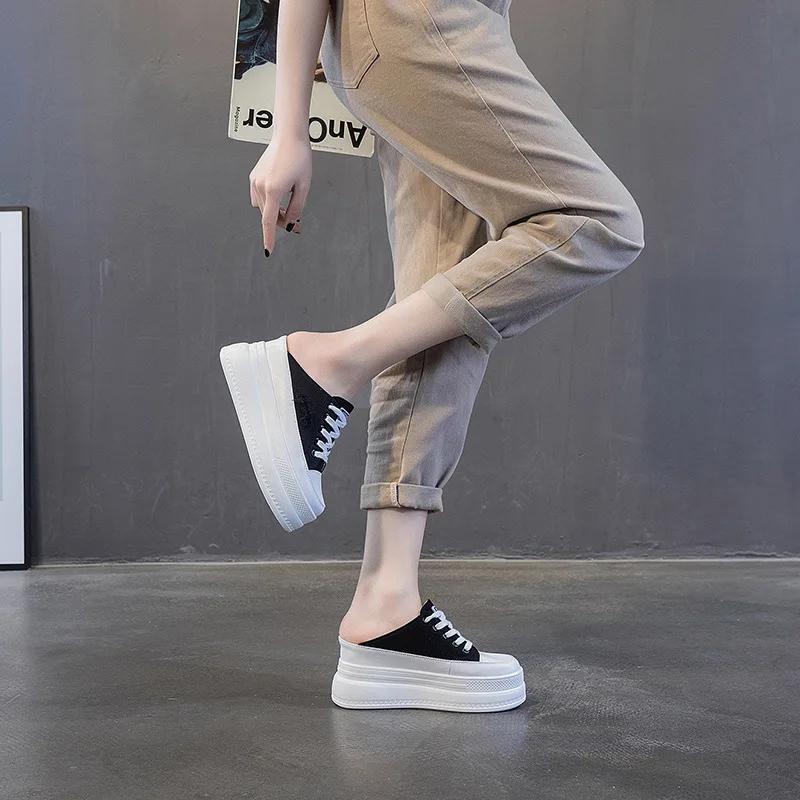 8cm Women Summer Shoes Slippers Platform Wedge Heel Beach Shoes Female Slides Mules Shoes Sneakers Fashion Canvas