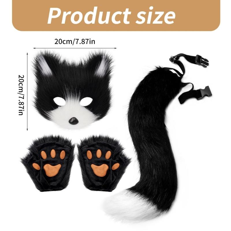 Foxes Tail Furry Gloves Foxes Face Cover Set Soft Animal Tail Foxes Costume Dress Up Set for Halloween Costume Cosplay