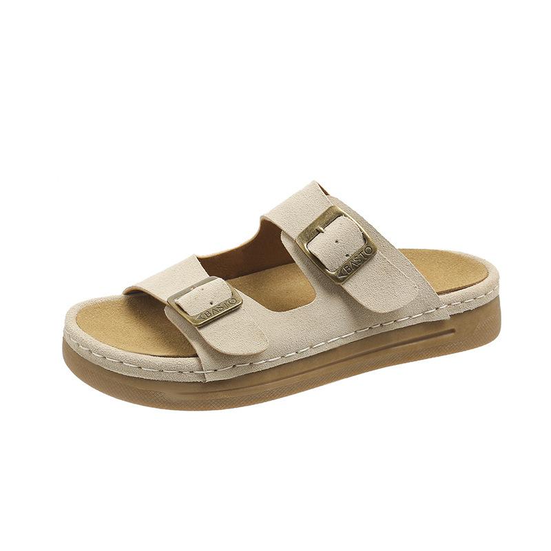 Leather Word with Slippers Women Wear New Retro Muffin Thick Sole Heightening Boken Sandals