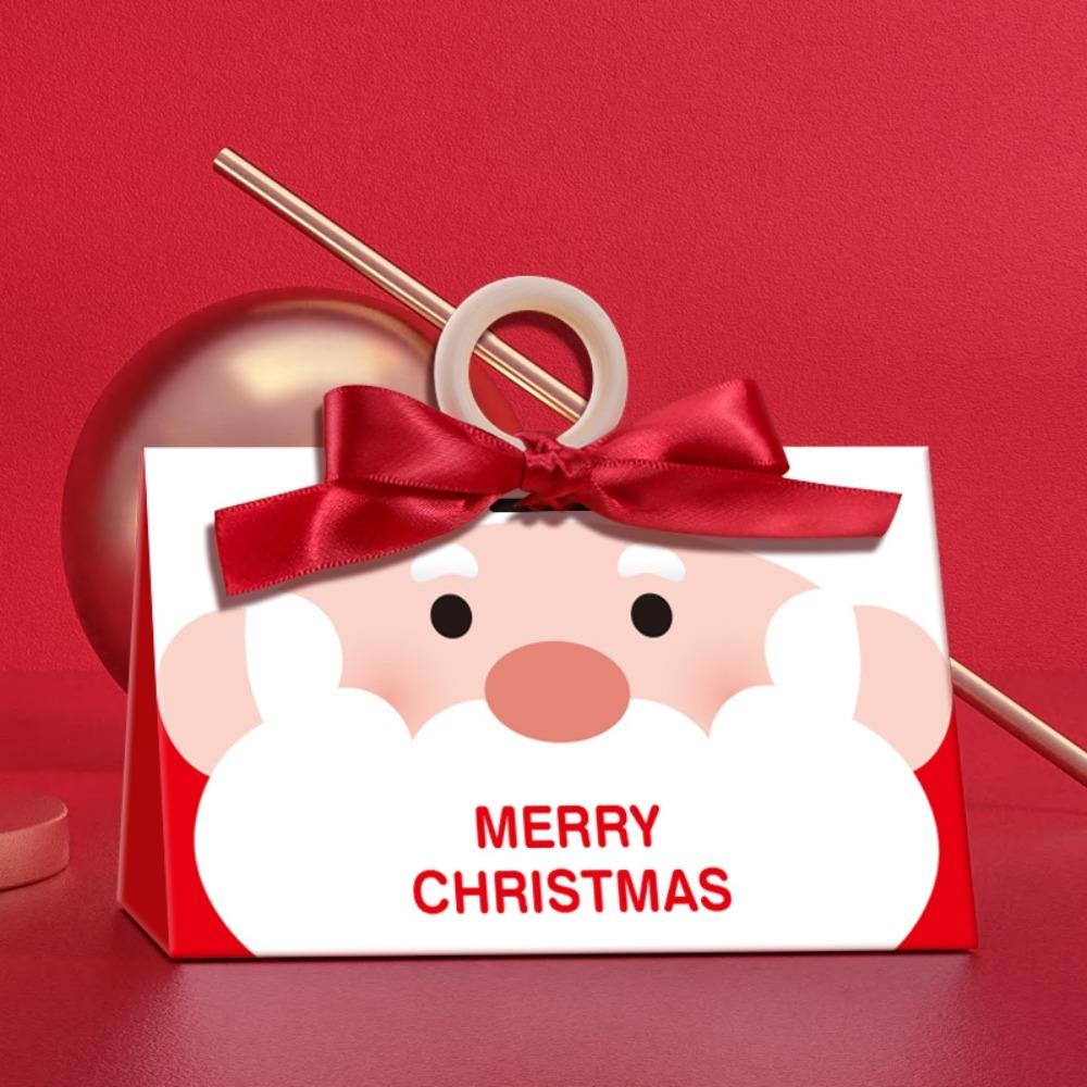5PCS Merry Christmas Candy Boxes Bags Santa Claus Empty Christmas Eve Apple Boxes with Wooden Handle Kraft Paper Gift Box