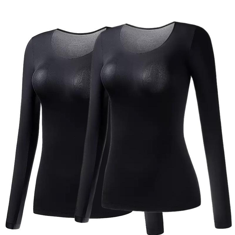2 Stück Damen Thermounterwäsche Herbst Winter Unterhemd Langarm-T-Shirt Dünnes Oberteil Zweite Haut Damen Thermisch L-XL