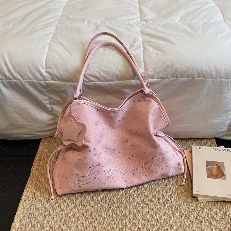 Star Print Tote Bag for Women Fashion Handbag with Star Charm Drawstring Detail
