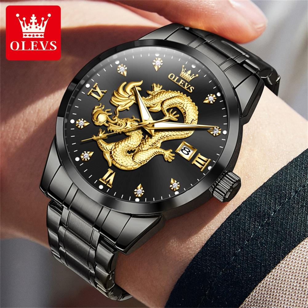 OLEVS Mens Watches Top Brand Luxury China Loong Dragon Dial Gold Quartz Watch for Men Waterproof Luminous Date Fashion Wacth Men