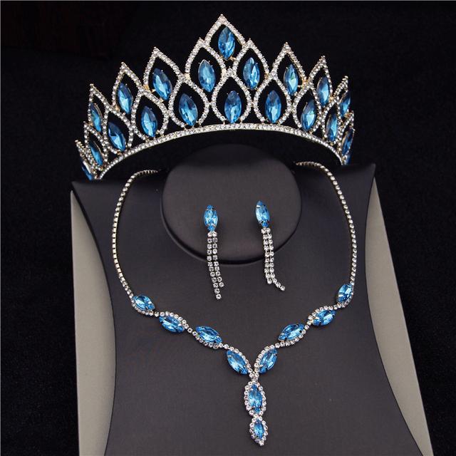 Blue Crystal Bridal Jewelry Sets for Women Fashion Tiaras Wedding Dress Crown Necklaces Earring Set Bride Jewelrry Accessories