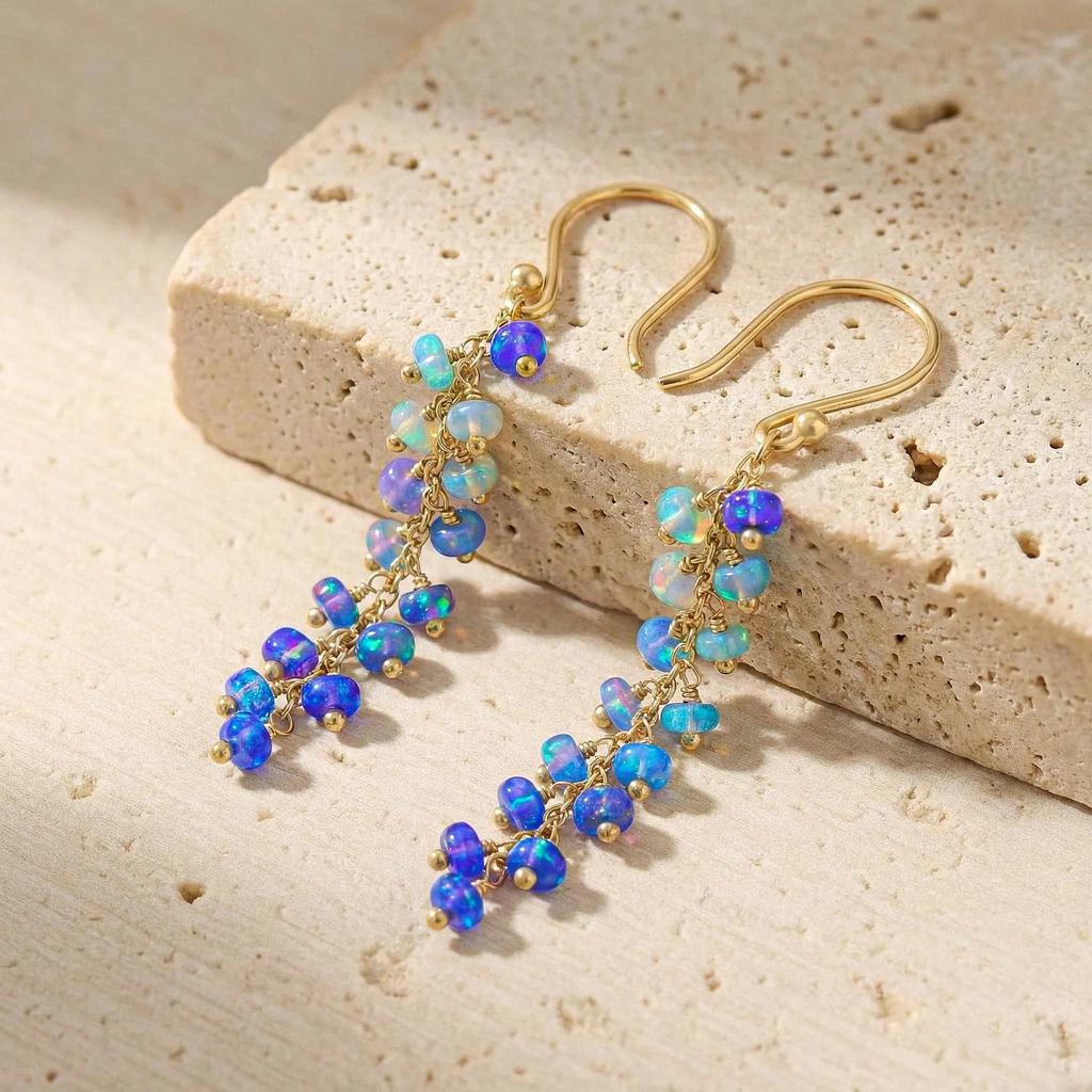 Multifire Blue Fire Opal Beads Drop and Dangle Earrings, Fire Blue Opal Rondelle Beads Earrings, October Birthstone Jewelry, Handmade Gift