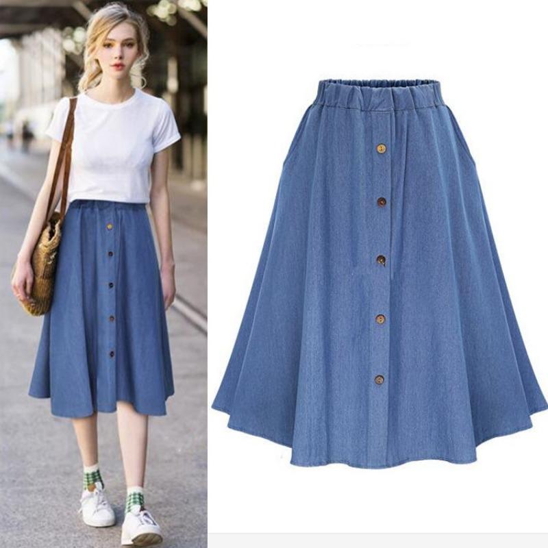 Summer Buttons Loose Elastic Denim Women Skirt Fashion Elegant Solid Color Casual Simple A-line Skirts Female Streetwear Loose Women's Clothing