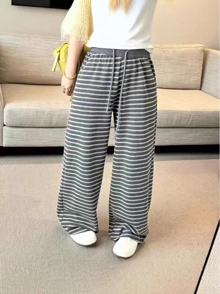 Women's Gray Retro Striped Knitted Wide-Leg Pants - Korean Style, Spring 2025, Elastic Waist, Slimming Casual Fit.