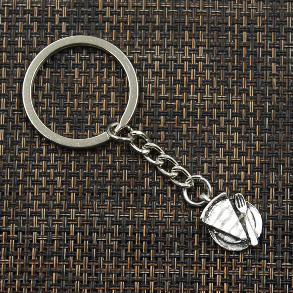 Fashion Slice Of Pie Plate Fork 19x13mm Pendant 30mm Key Ring Chain Silver Color Men Car Gift Souvenirs Keychain