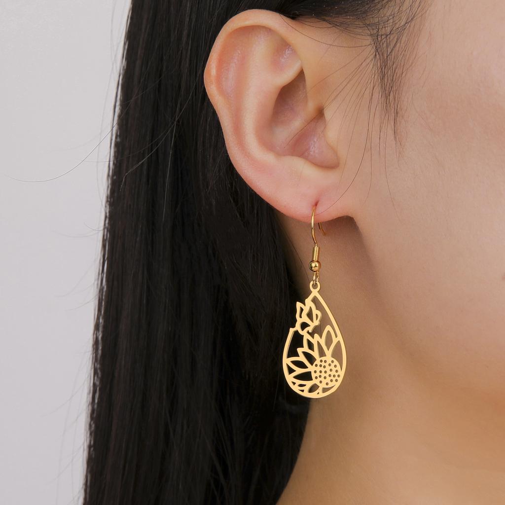 Sunflower Butterfly Teardrop Pendant Earring Women Stainless Steel Gold Earrings Jewelry Valentine's Day Gift