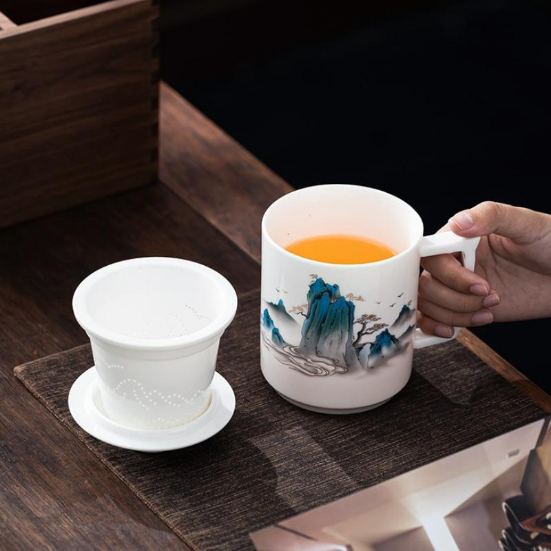 Ceramic Household Filter Tea Separation Mug with Lid Chinese Style Tea Infuser Office Large Capacity Water Mug Teacup Gift Box