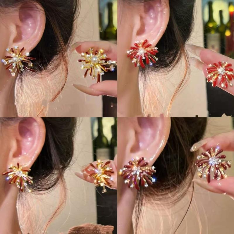 Silver needle New Year's red zircon fireworks pearl stud earrings retro temperament versatile earrings light luxury high-end earrings women