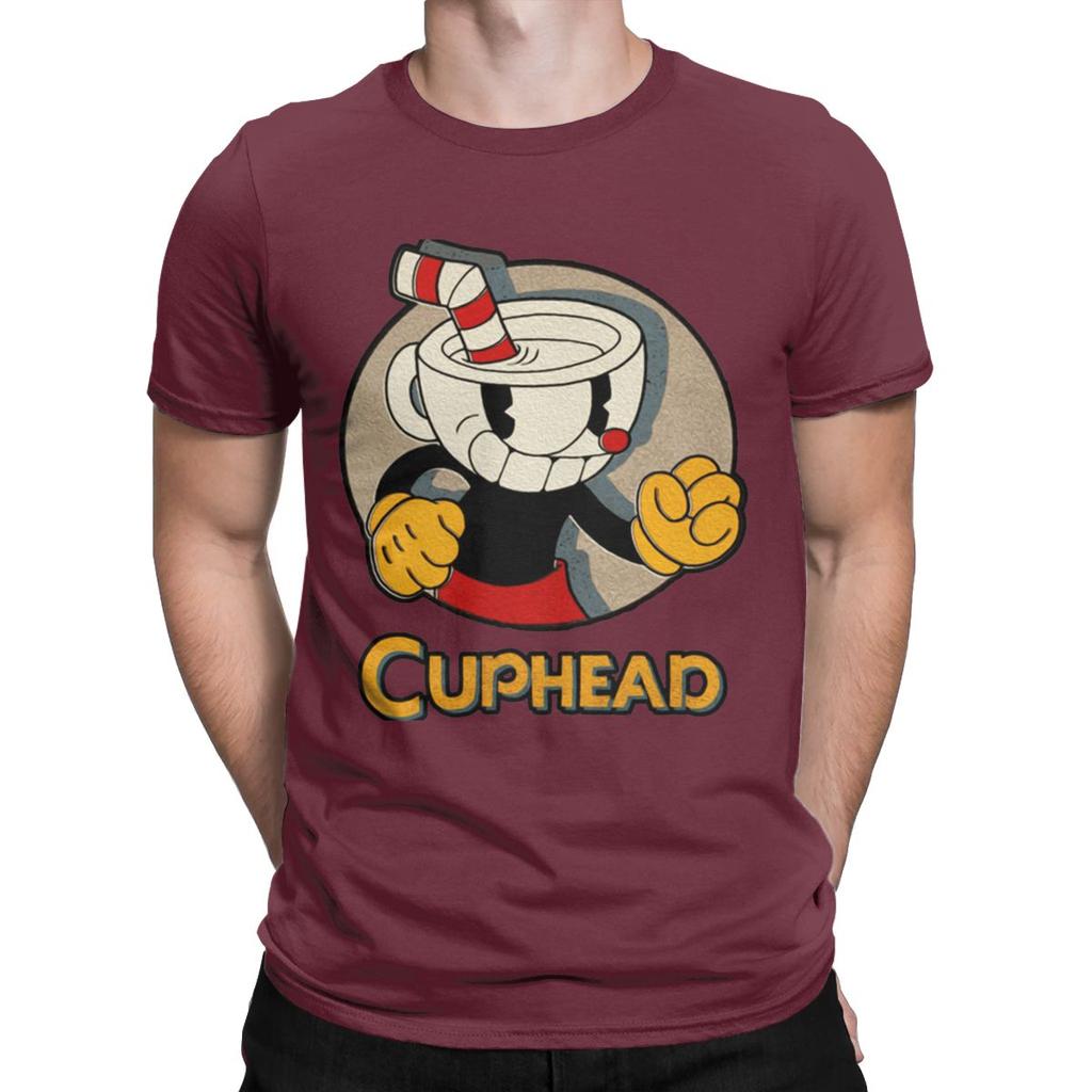 Creative Cuphead And Mugman Angry T-Shirt for Men Crew Neck Pure Cotton T Shirts Retro Games Short Sleeve Tee Shirt Clothing