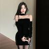 French Sexy Hottie Neck Tube Top Long-sleeved Dress Women's Autumn and Winter Wear with Sleeves Velvet Slim-fitting Hip-wrapped Skirt
