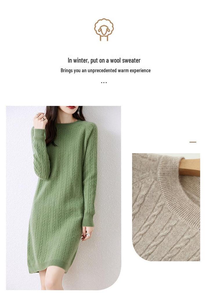 2023 Women's Mid-Length Merino Wool Sweater Dress - Round Neck, Long Sleeve Knitwear for Autumn and Winter