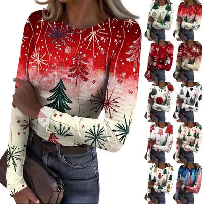 Women's  Slim Bottom T-shirt Fashion Casual Gradient Printing Round Neck Pullover Long Sleeve Top