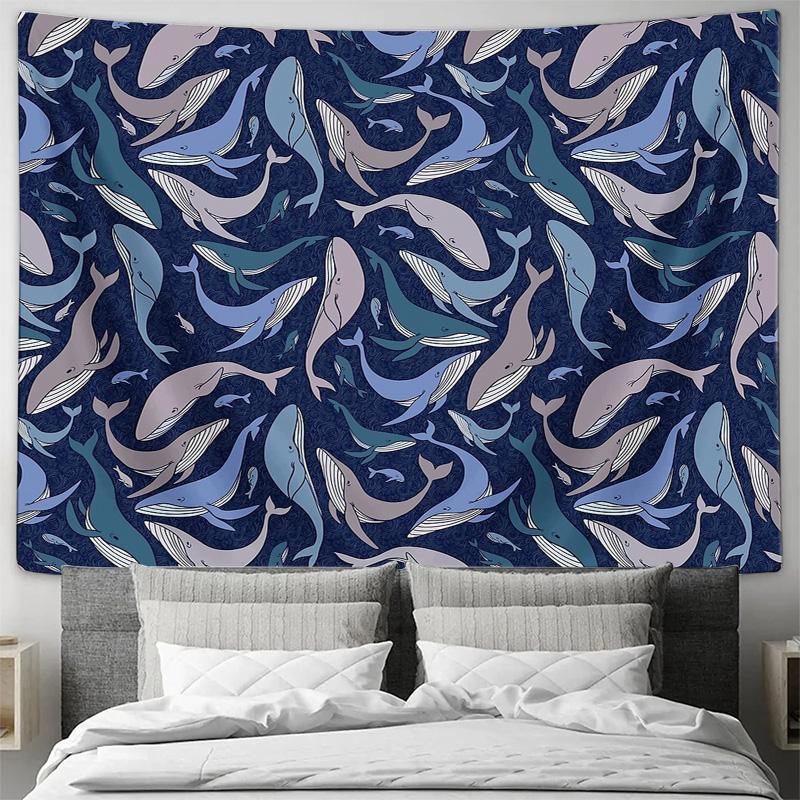 Ocean Whale Tapestry Sea Animal Wall Hanging Nautical Decor Coastal Wall Art Blue Whale Pattern Bedroom Decor Dorm Room Tapestry