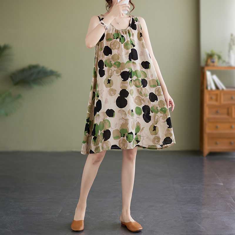 Plus-size Women's Summer Loose Strap A Line Skirt Sleeveless Crew Neck Print Dress