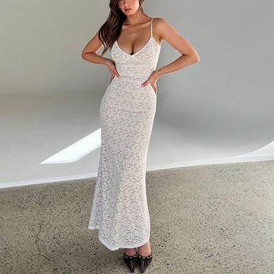 Damen Sexy Spitzenkleid Elegant Mode Slim Fit V-Ausschnitt Vintage Träger Party Club Kleider Damen Hohe Taille Einfarbig Lässig Langes Kleid Weiblich 24535