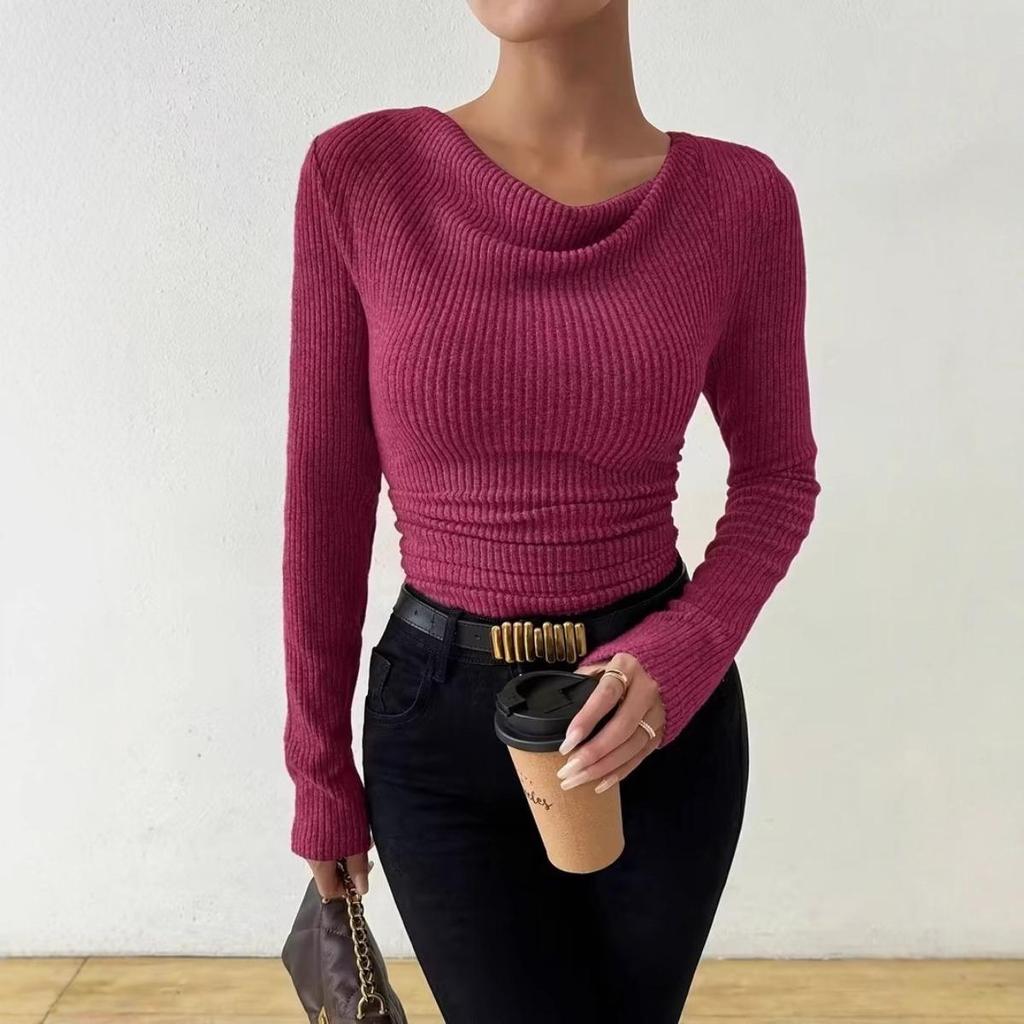 Suéter de Color Sólido para Mujer Otoño Invierno de Punto de Manga Larga Top Casual
