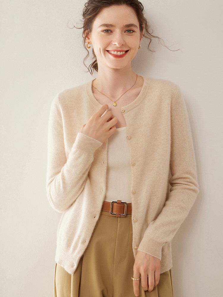 Women's Slim Fit Cashmere Cardigan - Round Neck, Lightweight, Loose Knit Sweater in Solid Color.