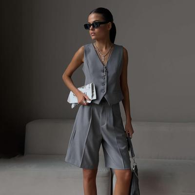 Zweiteiliges Set für Damen, Weste, ärmelloses Hemd, hohe Taille, Shorts mit Kordelzug, große Größe, modische Anzüge