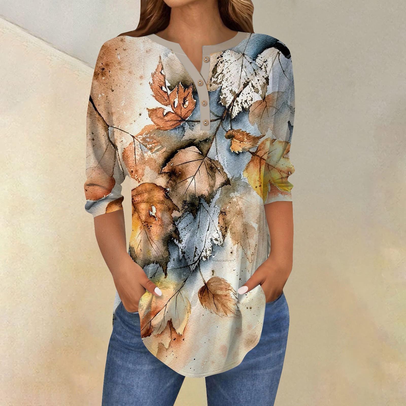 

Жіночі топи з рукавом 3/4 Літні футболки з квітковим принтом V-подібним вирізом Повсякденні базові футболки на ґудзиках Топ-туніки M жовтий