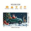 2D Door Curtain Banner 1 Piece Garage Banner - Santa Claus Gives Gifts In Retro Green Car with Deer Background Decoration