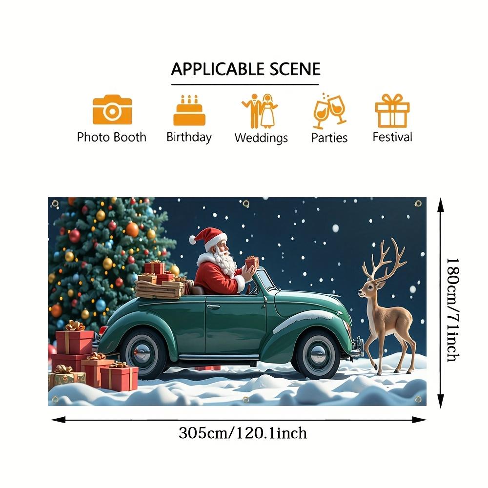 2D Door Curtain Banner 1 Piece Garage Banner - Santa Claus Gives Gifts In Retro Green Car with Deer Background Decoration