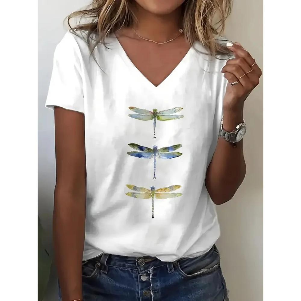Summer Women's T-shirt Cat Pattern Printing V-neck Short-sleeved Loose Oversized Clothes