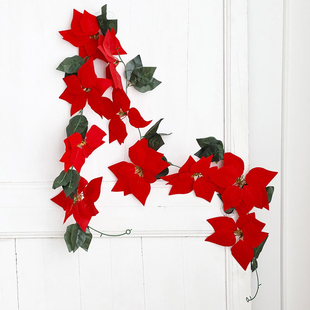 Artificial Christmas Flower Vine: 2m Green Leaf & Red Flower Door/Wall Hanging Ornaments
