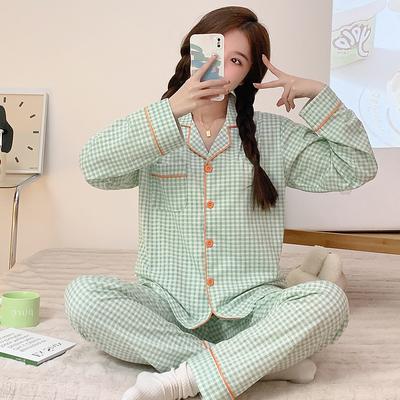 Damen Pyjama Neu Herbst Frühling Langarm Weiches Schlafanzug-Set Kariert Cartoon Baumwollpyjama Frau Haus Nachtwäsche Set Strickjacke