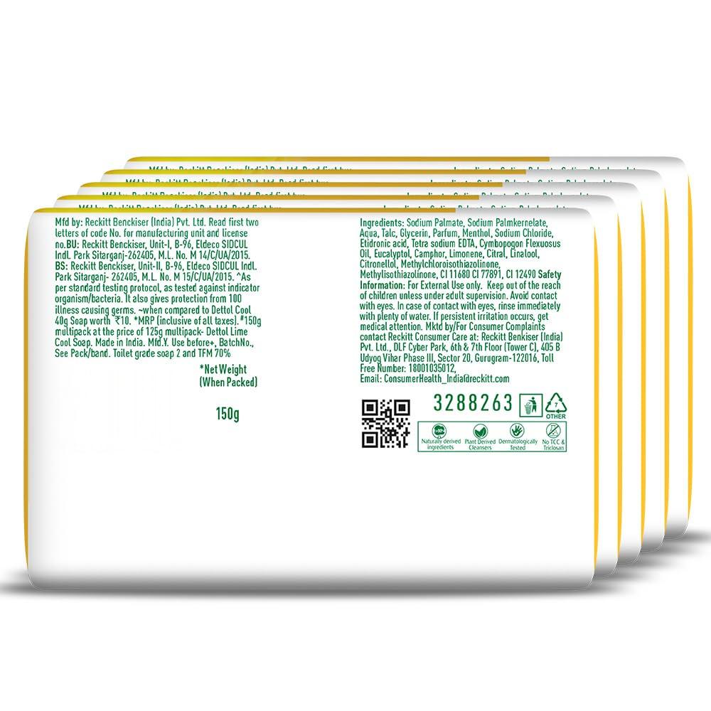 Dettol Lime Fresh (Lime Cool) Bathing Soap Bar with 12hr Freshness (750gm) |Long Lasting Freshness, 150gm Pack of 5