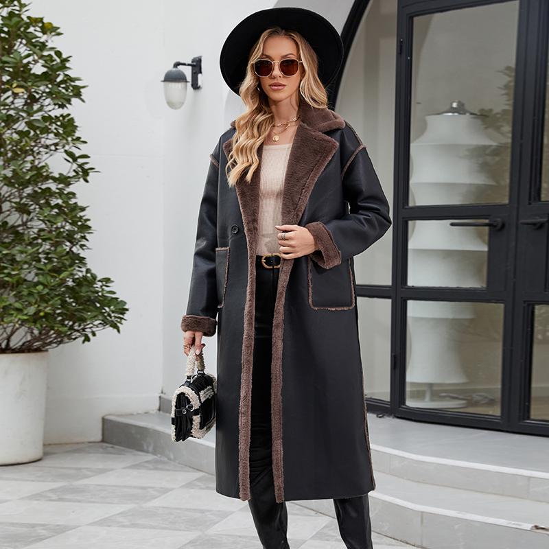 ziai 2025 Winter Damen Jacke aus Kunstleder Lang Warm Plüsch Fellkragen Wattierter Mantel Mode Tasche Weiblich PU Leder Parkas K18