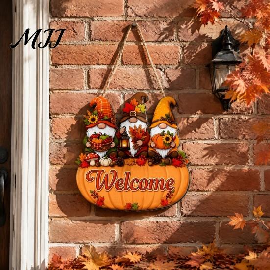 Thanksgiving Holiday Decoration Autumn Pumpkin Gnome Welcome Sign for Front Door, Rustic Wood Hanging Durable Solid Plaque Ornament with Hemp