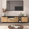TV Cabinet with One Drawer, Three Doors, Two Open Compartments with Glass, Fine Structure, Black and Natural Wood Colors, 16 Variable LED Lights