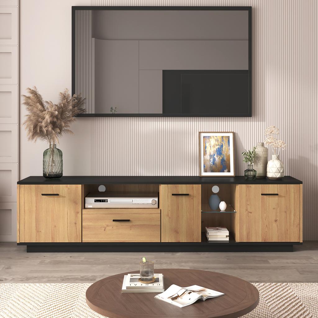 TV Cabinet with One Drawer, Three Doors, Two Open Compartments with Glass, Fine Structure, Black and Natural Wood Colors, 16 Variable LED Lights
