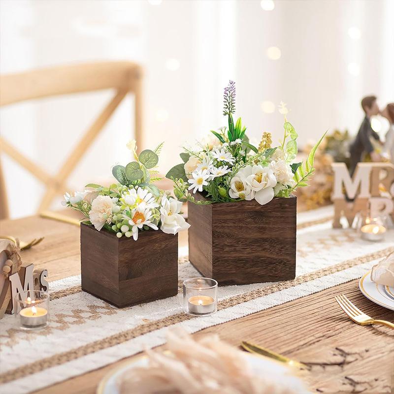 1/2/4PC Small Home Flower Box Table Pencil Holder Bohemian Wooden Planter Wedding Square Rustic Garden
