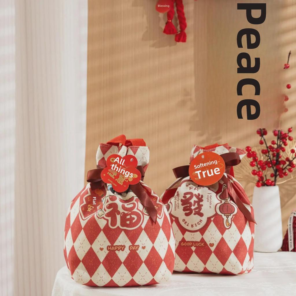 Red Grid New Year Gift Bag - Portable Canvas Souvenir for Kids' Candy, Birthday, Wedding, and Festival Celebrations